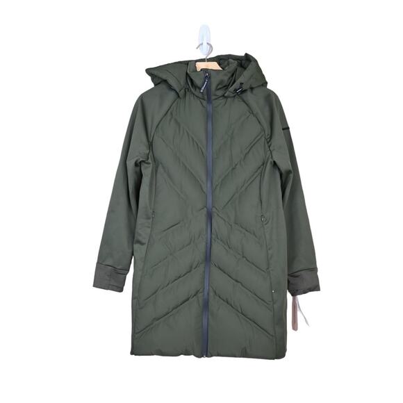 BCBGeneration Womens S Mixed Media Hooded Quilted Jacket in Loden NEW - Picture 2 of 11